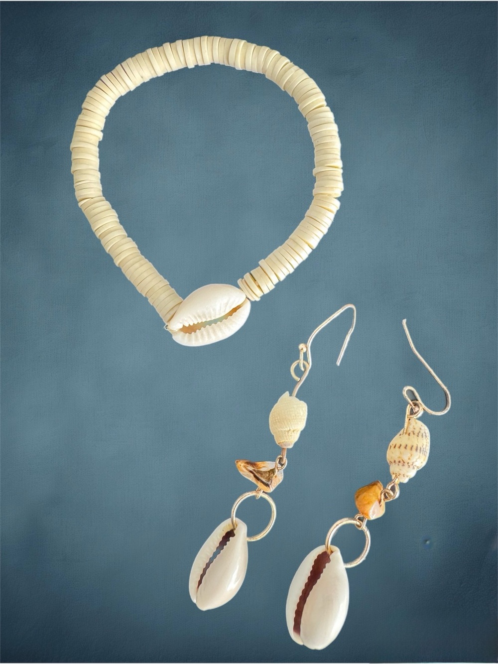 Cream Shell Bead Bracelet with Matching Cowrie Drop Earrings